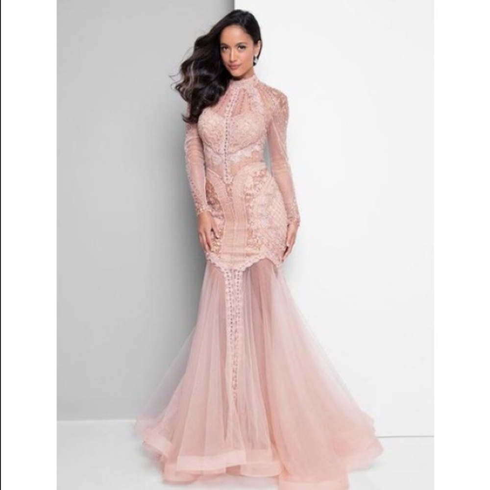 Blush Pink Mesh Stoned Prom Dress